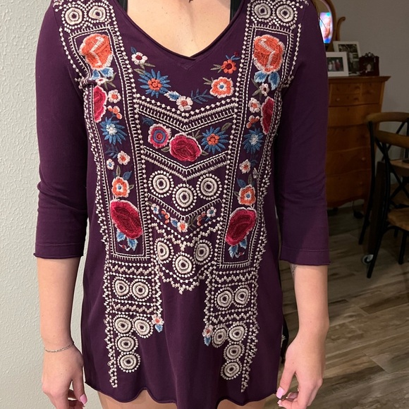 Johnny Was Women Purple Floral Embroidered Cotton Rayon Shirt Size Small Boho - Picture 11 of 12